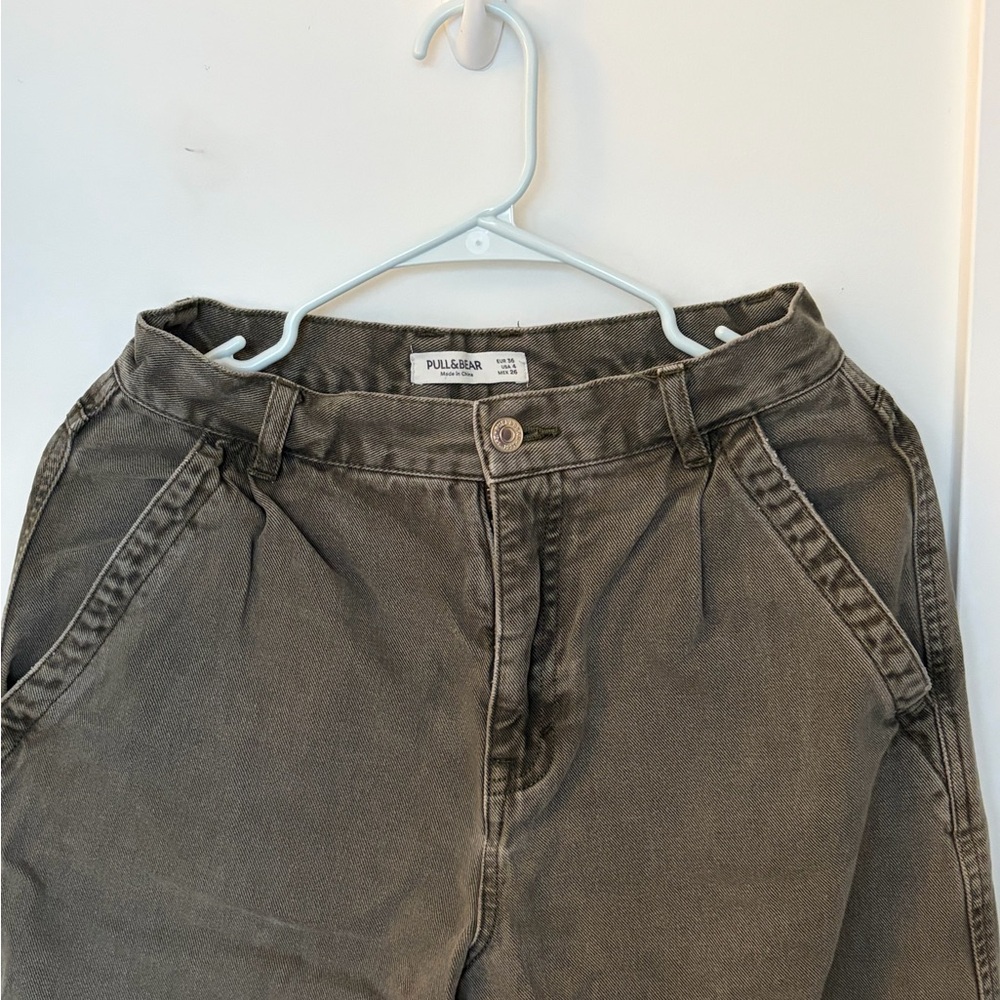Pull&Bear Olive Green High-Waist Wide Leg Pants